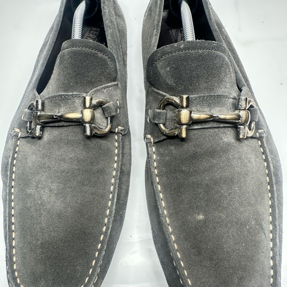 Salvatore Ferragamo Gray Loafers with Gold Buckle